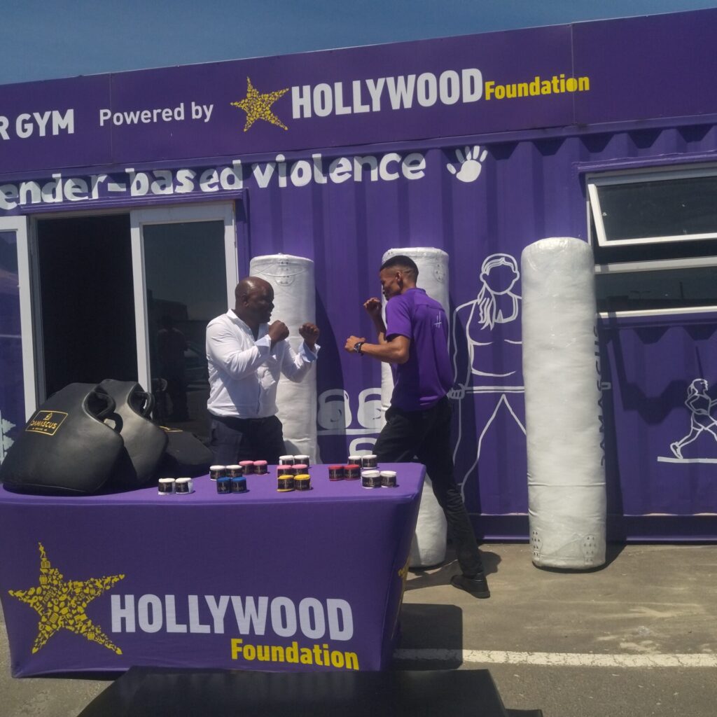 hollywoodfoundation-2. Representatives from Hollywood Foundation and Brotherhood of Elite SA with the boxing equipmentBrotherhood of Elite SA receives Corporate Social Investment (CSI) assistance through a Special ProjectHollywoodbets iBranch MASTER