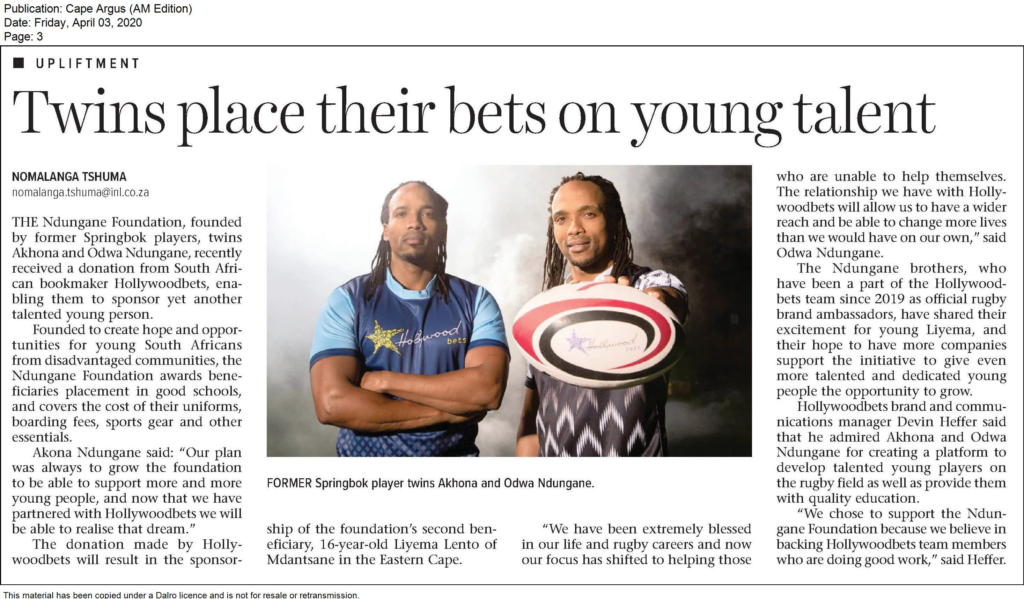 Newspaper clipping of Ndungane Twins and Hollywoodbets CSI contribution